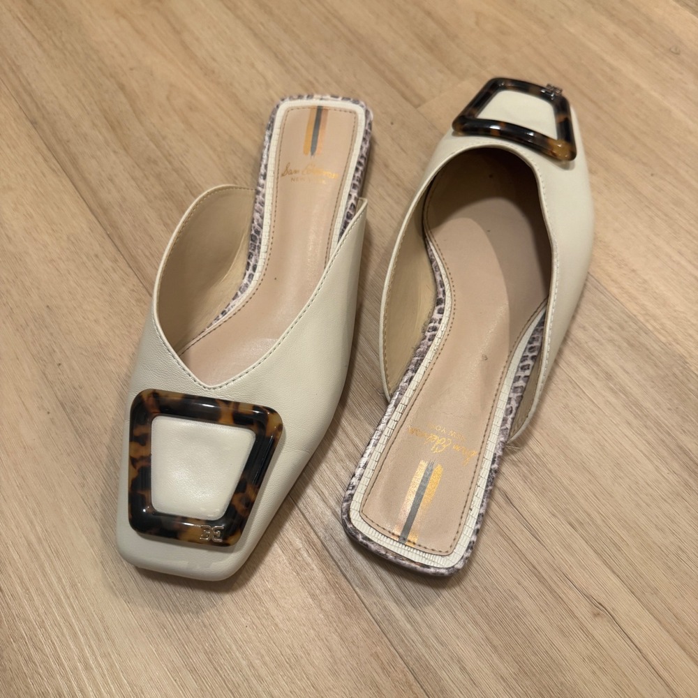 Sam Edelman Jolee Ivory Leather Tortoise Buckle Square Toe Mules Flat Womens 6.5 - Picture 8 of 8